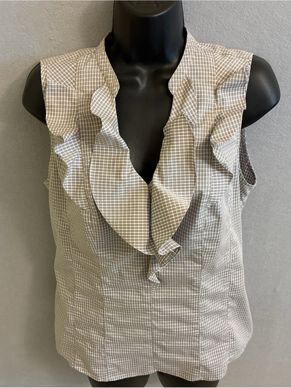 Loft Sleeveless Ruffle V-Neck Check Top in Taupe